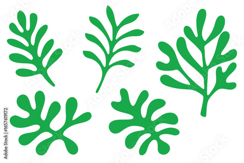 Five abstract green floral shapes are displayed against a clean white background