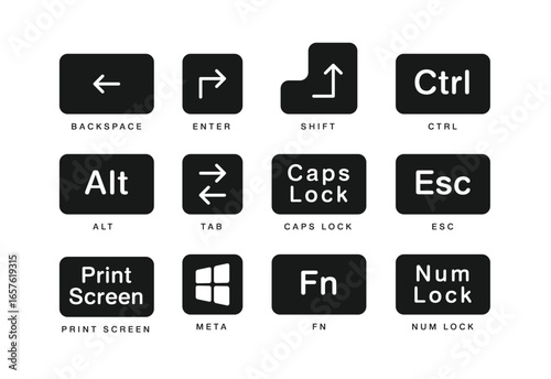 Keyboard shortcut solid icon set. backspace, enter, shift, ctrl, Numlock, alt solid icons 