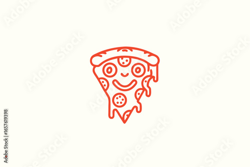 A cheerful slice of pizza smiles, featuring melting cheese and pepperoni toppings shown as line art