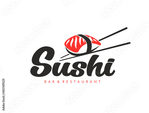 Japanese salmon sushi restaurant icon featuring bold black typography and red sashimi roll on chopsticks, emphasize appetizing brand identity, dining experience. Vector emblem for Asian sushi bar