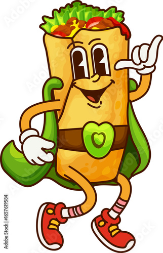 Cartoon groovy tex mex burrito fast food superhero character. Funny vector Mexican food super hero comics book personage in cape, gloves and sneakers. Isolated powerful fairy tale meal y2k defender