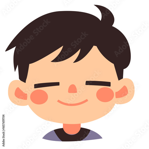 Illustration of a cute boy smiling calmly with eyes closed, showing relaxed and happy facial expression.