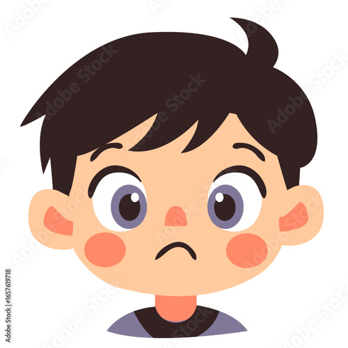 Cute cartoon boy disappointed face expression, illustrated in vector flat style, isolated on white background for design.
