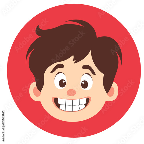 Cute cartoon boy smiling wide with teeth showing, illustrated in vector flat style, isolated on red circle.
