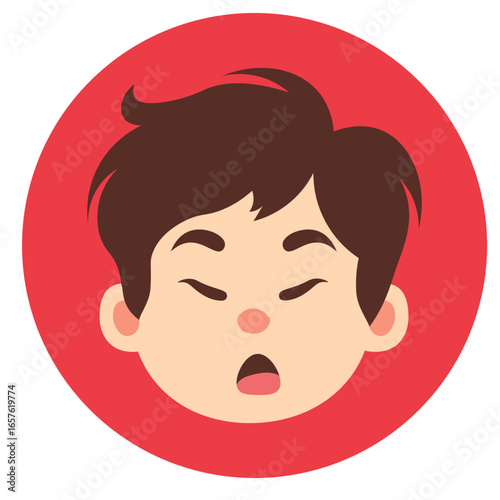 Cute cartoon boy yawning with sleepy expression, illustrated in flat vector style, isolated on red circle background.
