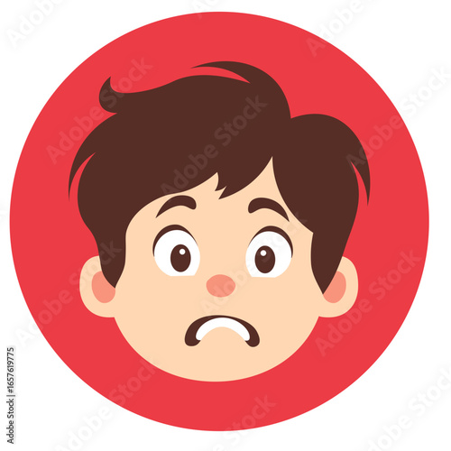 Cute cartoon boy with confused facial expression, illustrated in flat style, isolated on red circle background vector.
