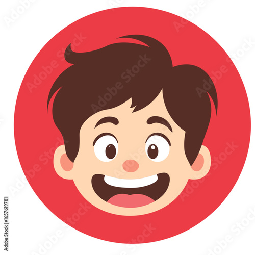 Cartoon boy face with red background, open mouth laugh, showing fun and joyful expression.
