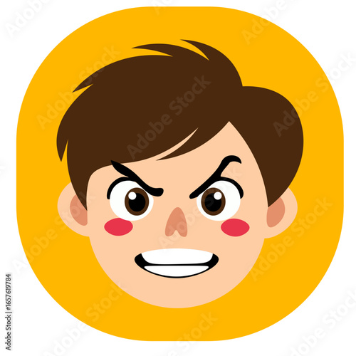 Cartoon boy face with mischievous smile and confident eyes, expressing playful and naughty mood.
