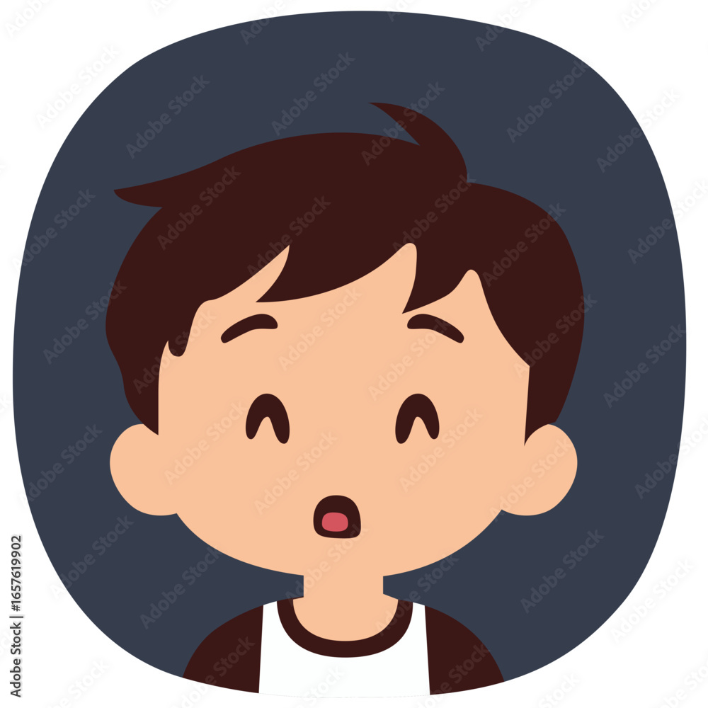 Obraz premium Cartoon boy with cute happy smile, bright eyes, cheerful expression, isolated on orange background.