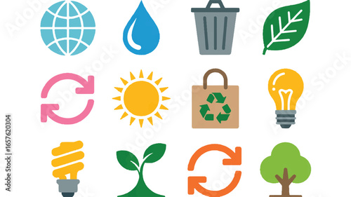 A set of 12 environmental and sustainability icons arranged in a 3x4 grid against a white background.  