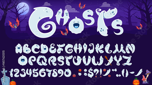 Halloween ghosts font, cartoon evil type, spooky scary monster typeface alphabet letters and numbers. Horror holiday vector typography set of Halloween ghosts, pumpkins and bats font alphabet letters