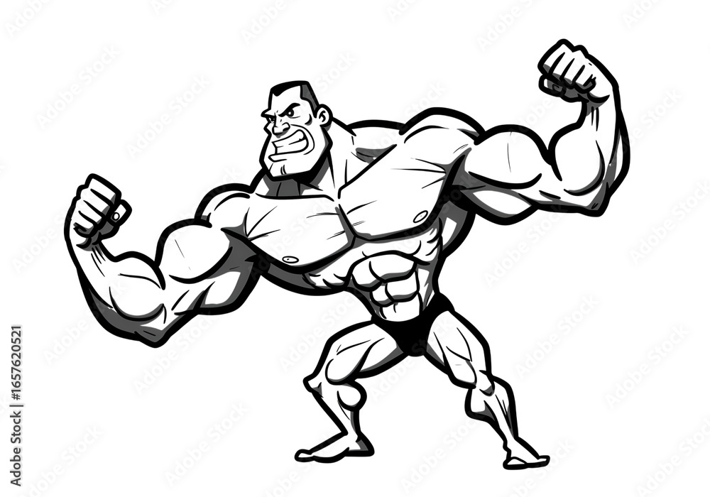 Naklejka premium Powerful Cartoon Bodybuilder: Flexing Biceps and Triceps isolated on transparent background