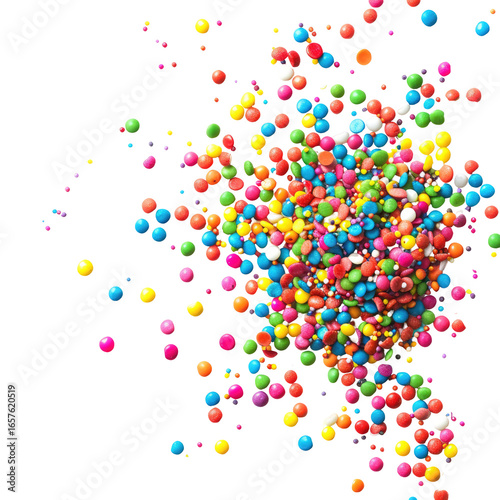 and keyword list based on the image.. Colorful Sprinkles Scattering, Falling on a Black Background