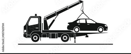 Tow truck lifting car vector, roadside assistance service silhouette, vehicle recovery illustration, crane loading automobile, emergency transport design, black icon art