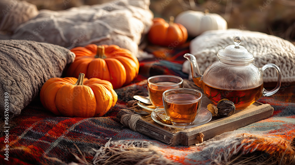 Fototapeta premium Autumn picnic scene with pumpkins, blankets, and warm tea, rustic style