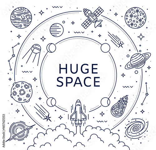 Line solar system galaxy landscape with space rocket starts to alien planets. Vector linear launching shuttle, moon phases, meteor, comet, satellite and galaxies arranged in circular monochrome layout