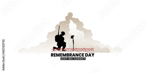 Remembrance day poster, Lest We forget 11 November greeting banner or card of poppy flowers, Vector illustration.