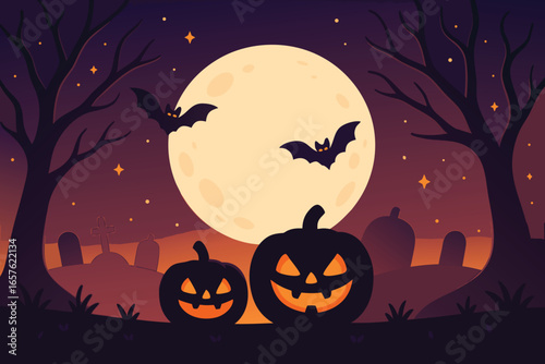 Halloween night scene with pumpkins, bats, moon and trees vector illustration