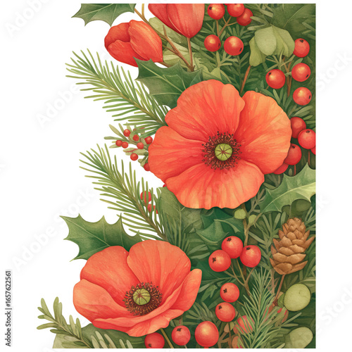Wallpaper Mural A vibrant arrangement of orange poppy flowers, green foliage, red berries, and pinecones, showcasing a rich botanical composition. Torontodigital.ca
