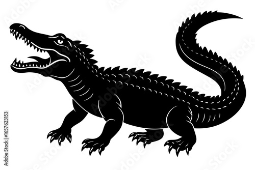 Black illustration of a wild Tyrannosaurus rex dinosaur with a long tail on a white background