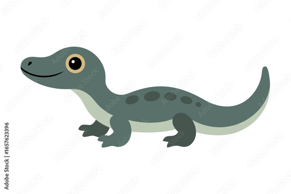 Obraz premium A vibrant green cartoon gecko with a cute, happy face sits on a white background, its curled tail and big eyes adding to the fun, wild illustration