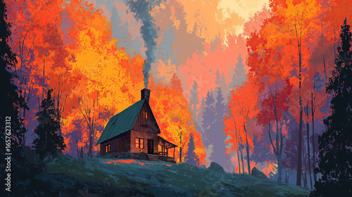 Cozy cabin in the woods surrounded by fiery autumn foliage, smoke rising from chimney