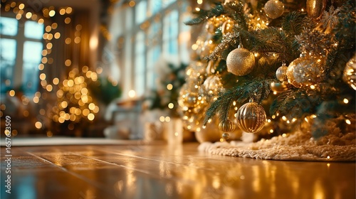Low Angle Christmas Tree with Golden Ornaments and Fairy Lights in Cozy Holiday Room