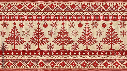 Wallpaper Mural Red and white christmas pattern with trees and snowflakes Torontodigital.ca