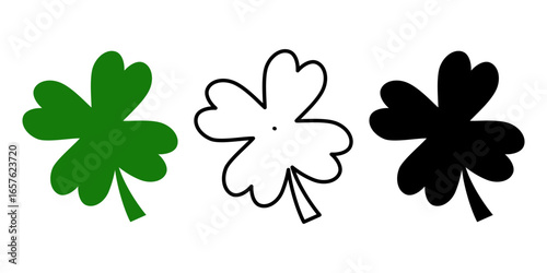 Four leaf good luck clover flat icon set. Vector  illustration. 