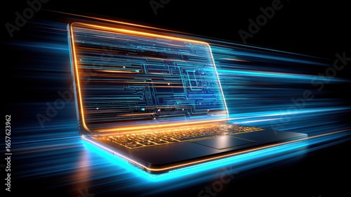 A glowing laptop with digital circuitry and speed lines, symbolizing fast technology, high performance, and futuristic computing on a dark background