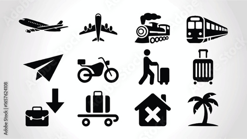 A set of 16 black and white travel and transportation icons arranged in a 4x4 grid on a white background. 