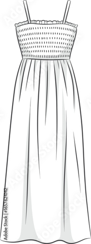 Black and white illustration of a smocked bodice sundress with spaghetti straps and a full skirt vector