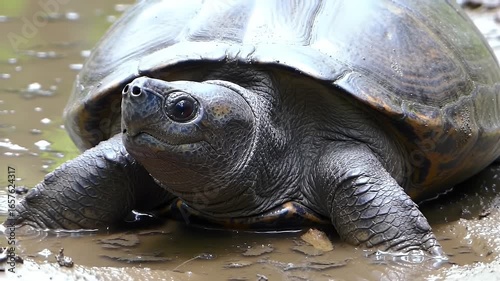 Close-Up Portrait Of a Black Turtle in Muddy Water with Green Forest Background