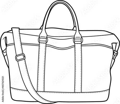 Black and white line drawing of a duffel bag with shoulder strap travel bag luggage
