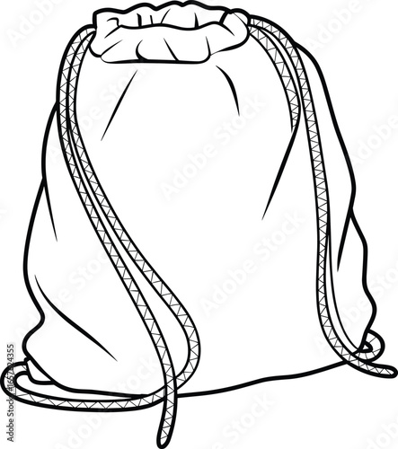 Black and white line drawing of a drawstring bag with rope handles sack duffel bag