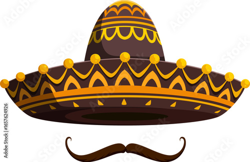 Mexican sombrero or mariachi hat with mustaches for fiesta holiday, cartoon vector. Mexican charro or mariachi sombrero traditional hat with mustaches for Cinco de Mayo holiday or Viva Mexico fiesta