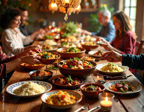 Golden Light Illuminates a Joyful Communal Feast on a Rustic Wooden Table.
