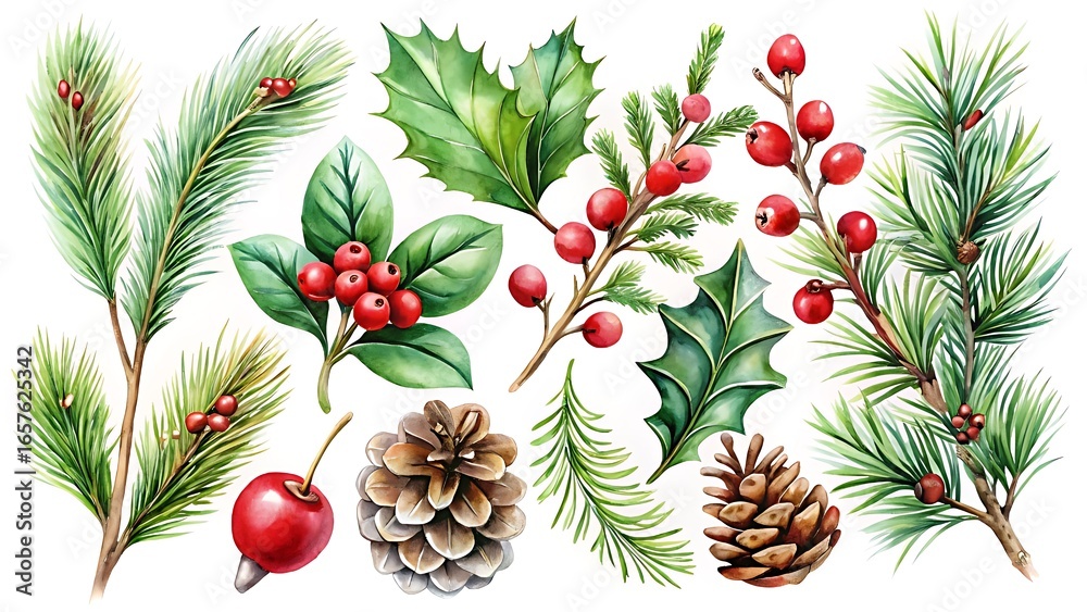 Fototapeta premium Christmas botanical elements isolated on white background