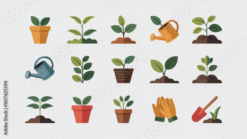 A set of 16 flat design gardening and plant care icons arranged in a 4x4 grid on a white background.