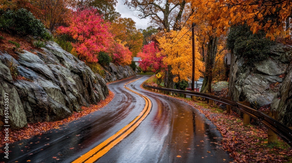 Fototapeta premium Winding road through autumn foliage