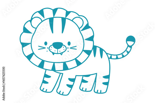 The cartoon tiger with teal outline and stripes confidently looks ahead while standing