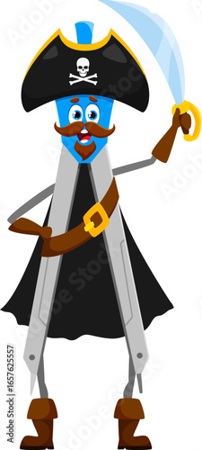 Cartoon compass or divider education school stationery pirate and corsair crew character holding a saber. Isolated vector learning tool personage in swashbuckling attire embarks on maritime adventures