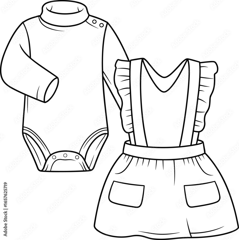 Φωτογραφία Black outline drawing of baby clothes a long sleeve bodysuit and a ruffled pinaf