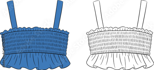 Blue smocked camisole top with ruffled hem and shoulder straps shown in color and outline vector