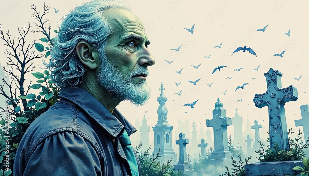 Obraz premium Halloween horror theme, Double exposure, Elderly Man in Cemetery Surrounded by Gravestones, Trees, and Flying Bats at Dusk