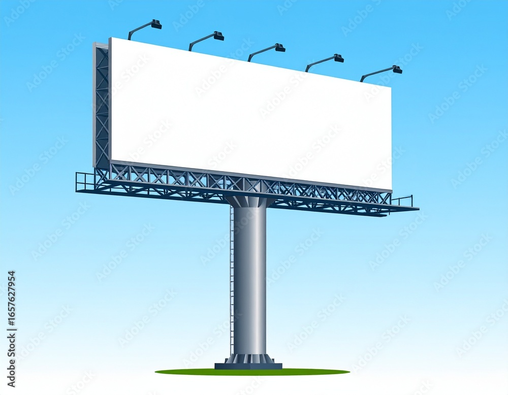 Obraz premium Blank billboard sign against a clear blue sky with spotlights illuminating the white advertising space