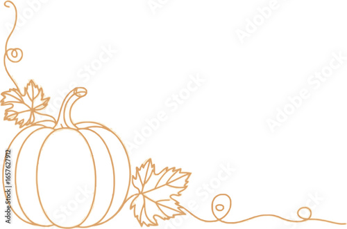 Beige Outline Pumpkin with Leaves and Vine Corner Border on White Background