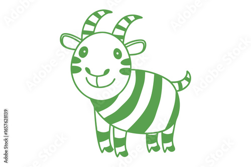 Smiling green goat with stripes is playfully posing on the white background