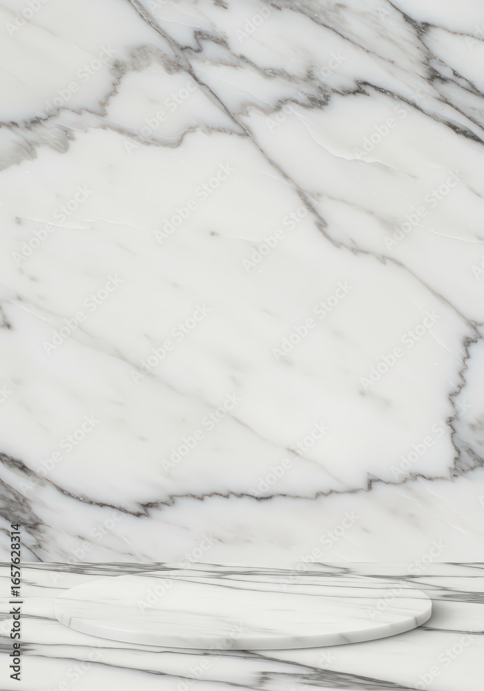 Obraz premium White Carrara marble with delicate grey veining patterns that naturally frame the center. Polished surface reflects soft lighting. A clean area in the middle awaits product placement