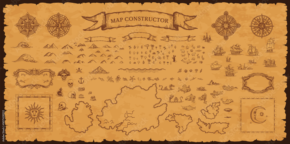 Fototapeta premium Vintage pirate map constructor, vector set of elements on aged parchment background for treasure hunt, exploration and fantasy adventure. Compass roses, sea monsters, sailing ships, skulls and islands